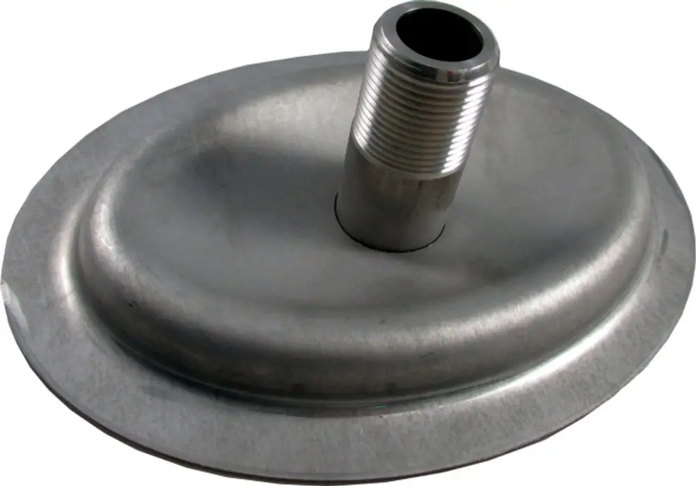 Handlochdeckel aus Metall mit einem Anschlussrohr in der Mitte, hergestellt von Wolf. Das Teil hat eine ovale Form und könnte in verschiedenen industriellen Anwendungen verwendet werden.